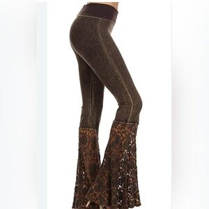 T Party Boho Yoga Pants Brown Distressed Bell Bottom Fleece Flare Leggings
